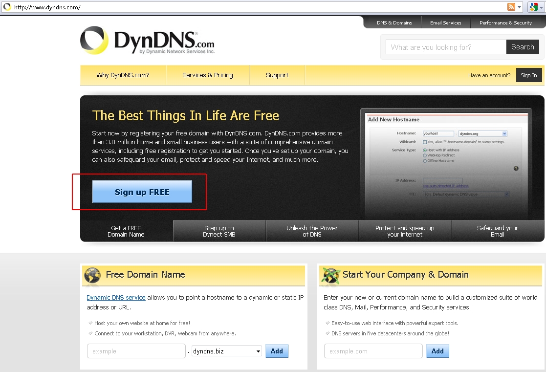 Зарегистрироваться бесплатно на dyndns.com